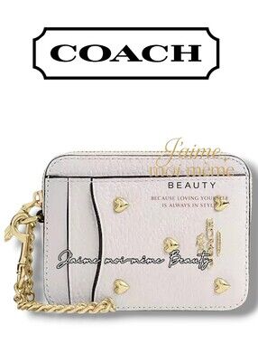 Coach Valentine's 2026 Chalk Cream Gold Heart Studded Card Case Wallet
